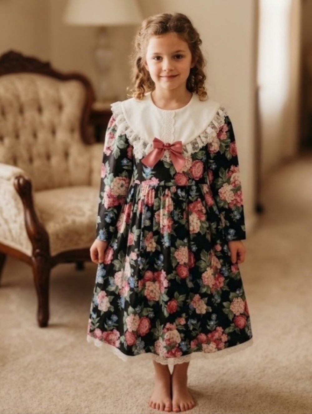 VINTAGE 80s Rare Editions Black Floral Dress with White Lace Collar and Pink Bow